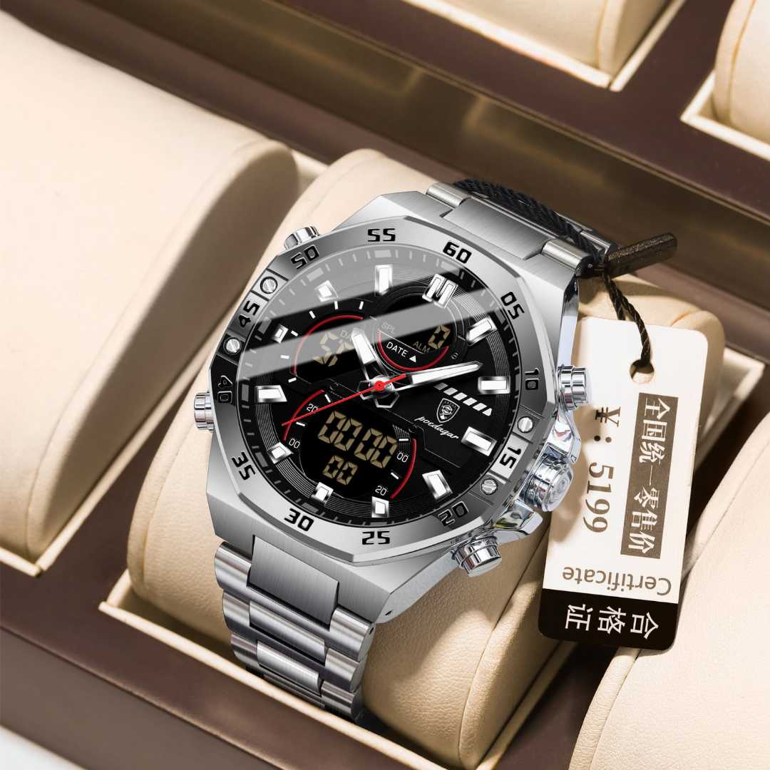 POEDAGAR PE-101 Dual Display Multi Functional Stainless Steel Belt Watch for Men