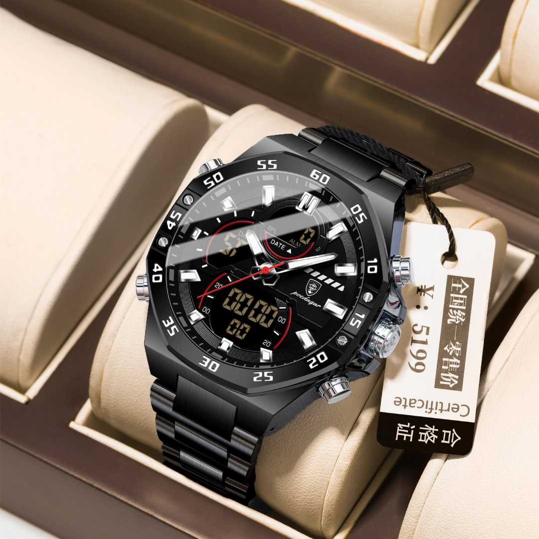 POEDAGAR PE-101 Dual Display Multi Functional Stainless Steel Belt Watch for Men