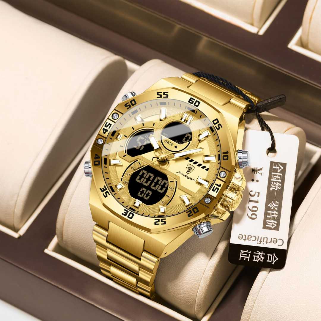 POEDAGAR PE-101 Dual Display Multi Functional Stainless Steel Belt Watch for Men