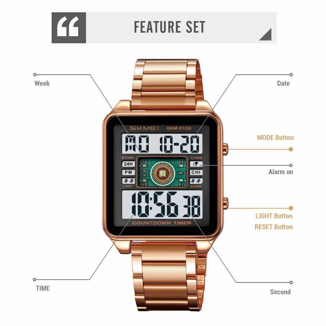 SKMEI 2136 Digital Golden Watch sports electronic display Stainless Steel watch